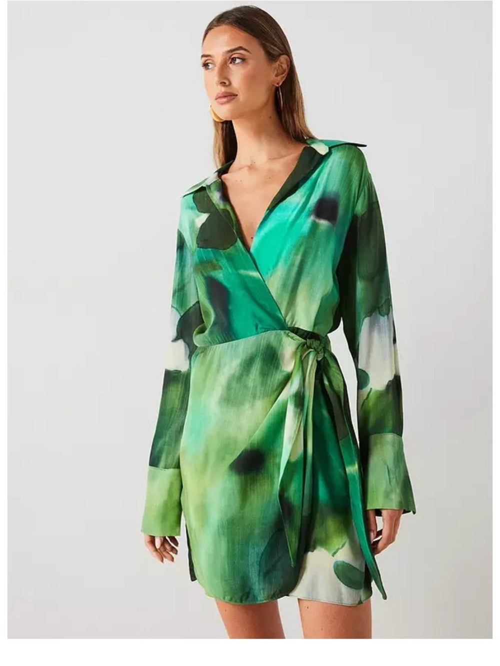 Mango Green Watercolor Wrap Long-Sleeve Mini Dress